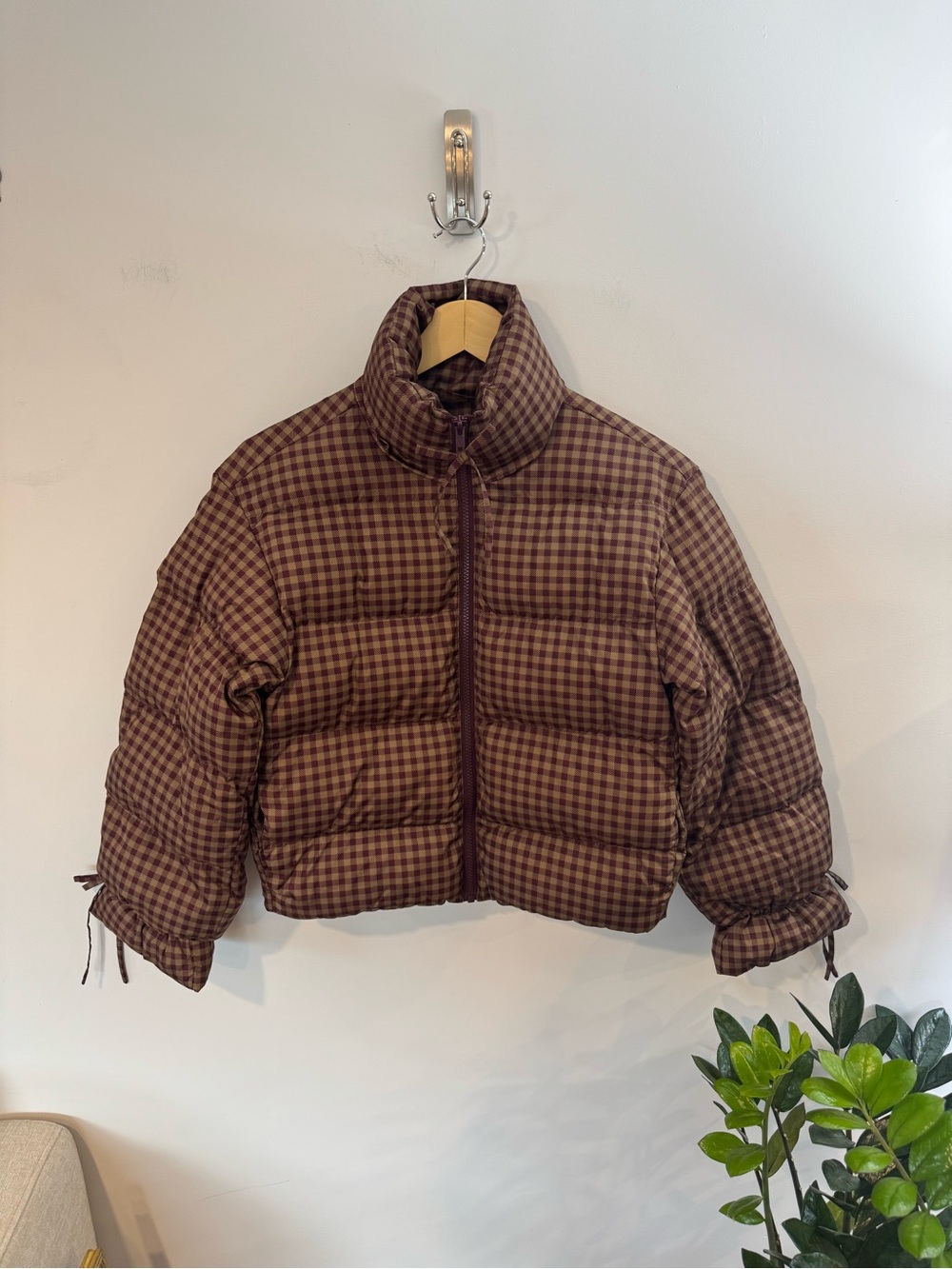 Wild Fable Women's Bow Puffer Jacket, Gingham Check, Sz XXS